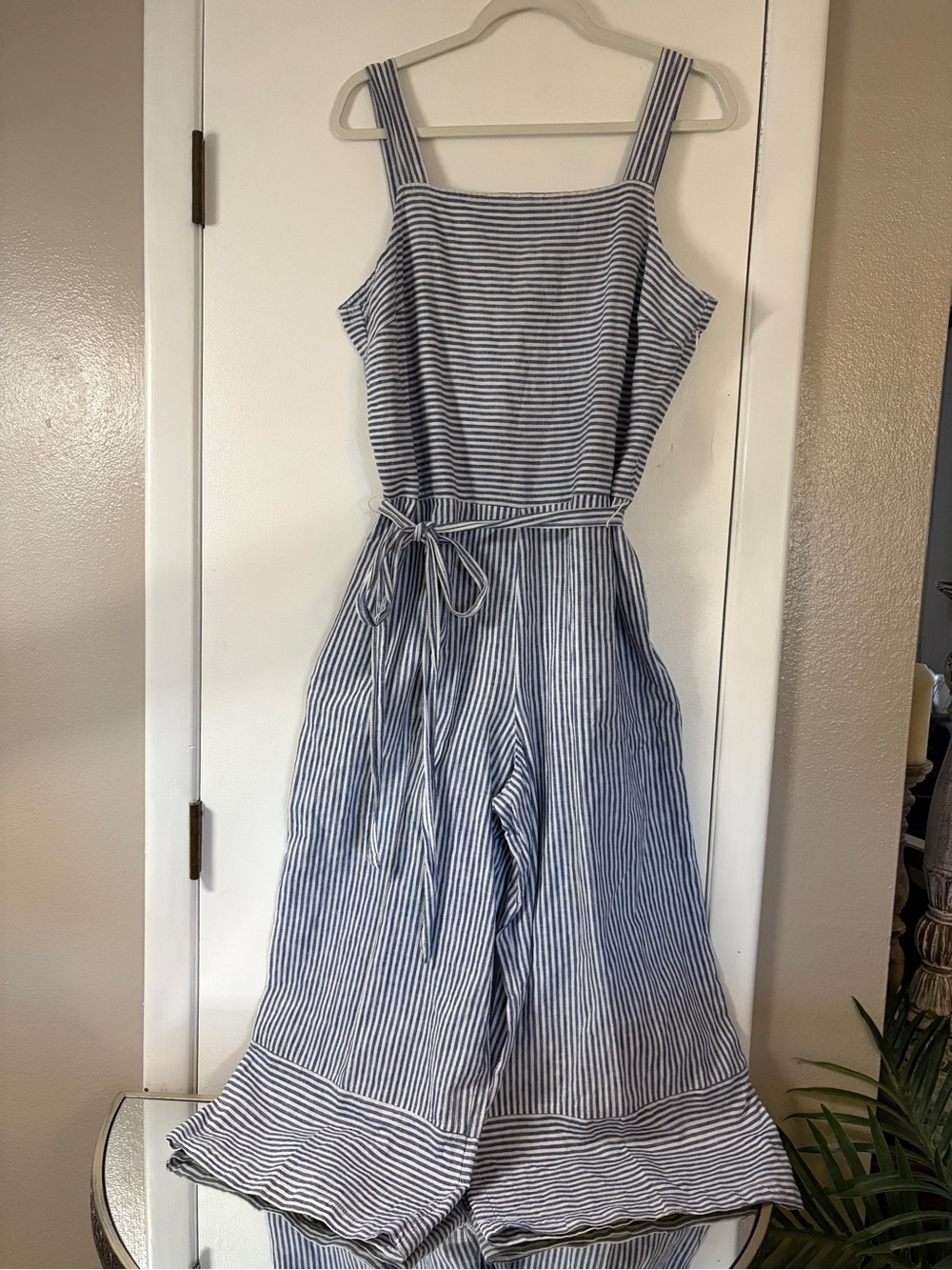 beachlunchlounge Blue and White Striped Midi Jumpsuit with Tie Waist, Linen